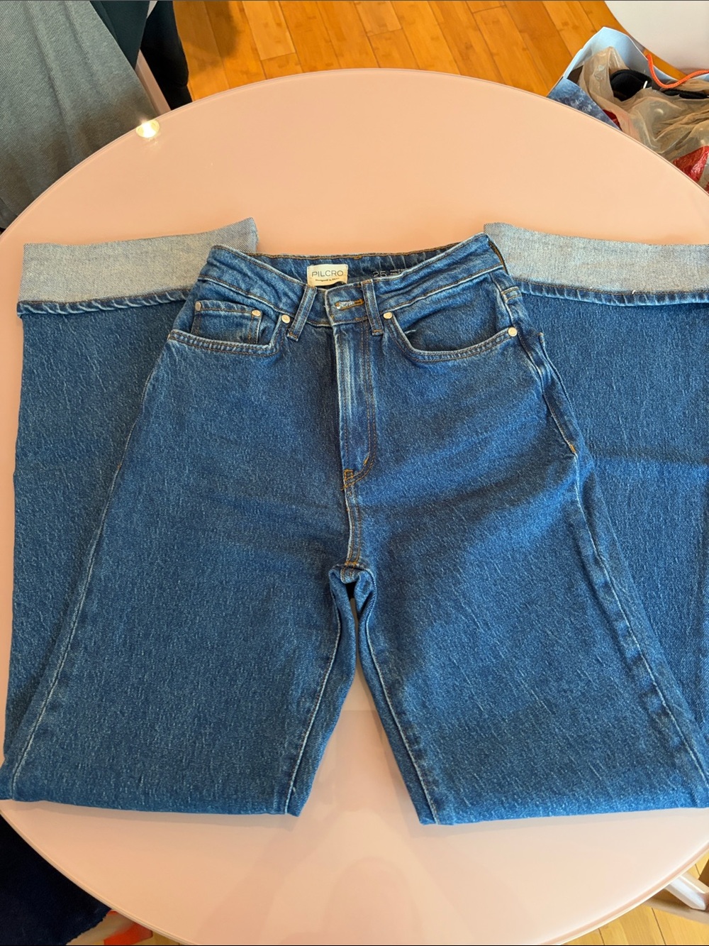 Pilcro Wide-Leg High-Rise Jeans in Classic Blue Denim